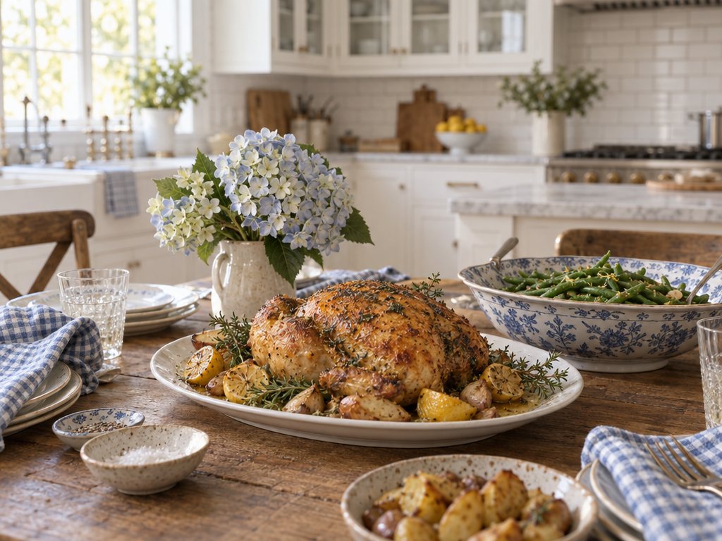 A family dinner of roast chicken and green beans on a wooden table, with blue hydrangeas